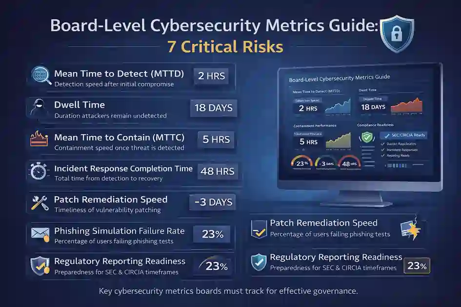 Board-Level Cybersecurity Metrics Guide infographic showing 7 critical risks including MTTD, dwell time, containment speed, and regulatory readiness metrics