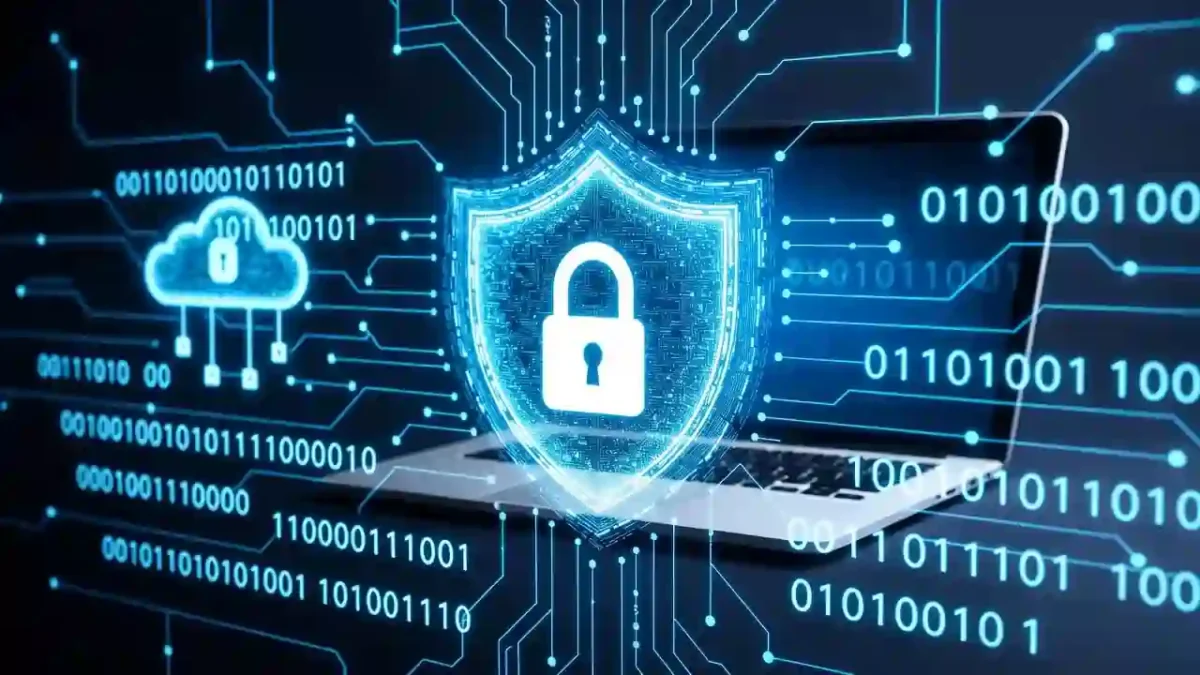 Visual representation of what is cybersecurity showing a digital shield securing online data and networks