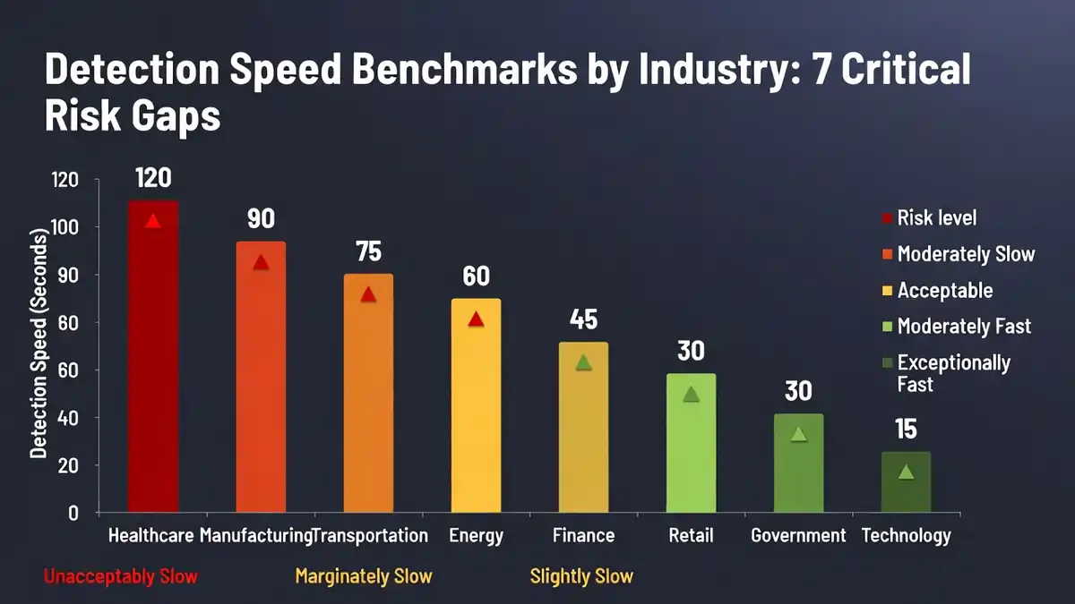 Detection Speed Benchmarks by Industry chart comparing 2026 average MTTD across healthcare, finance, and government sectors