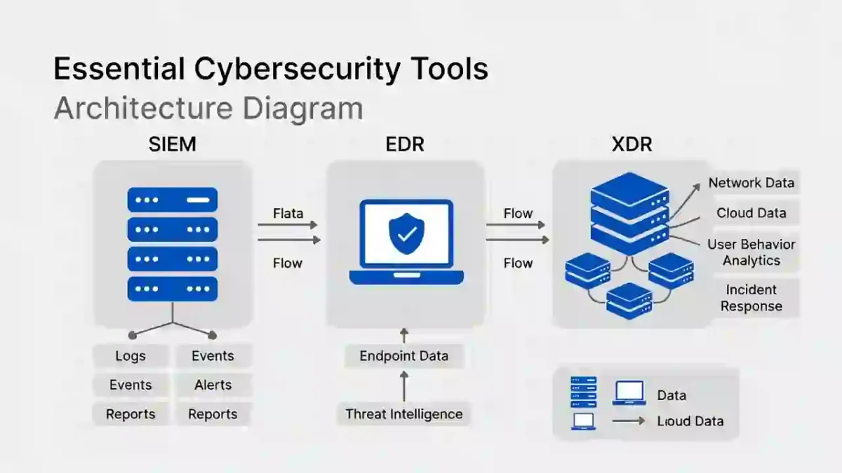 Essential Cybersecurity Tools architecture showing SIEM, EDR, and XDR integration