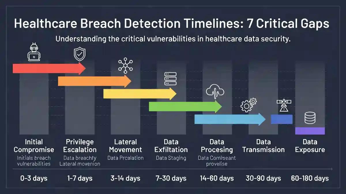 Healthcare Breach Detection Timelines chart showing delay from attack entry to confirmed detection in hospital networks