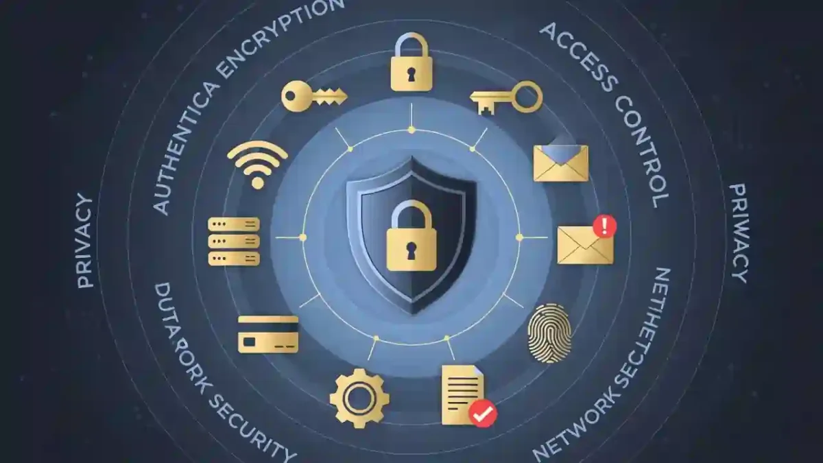 Information Security infographic showing a central shield protecting data, with icons for data protection, threat detection, secure access, and employee training, illustrating key cybersecurity concepts for people.
