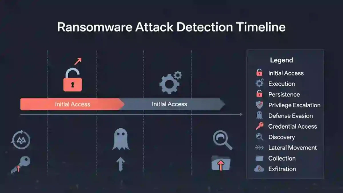 Ransomware detection timeline showing phishing and credential-based entry
