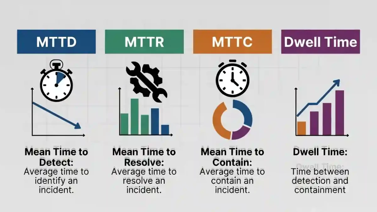 MTTD vs MTTR vs MTTC vs Dwell Time 4 critical differences comparison diagram showing detection, containment, recovery, and exposure phases