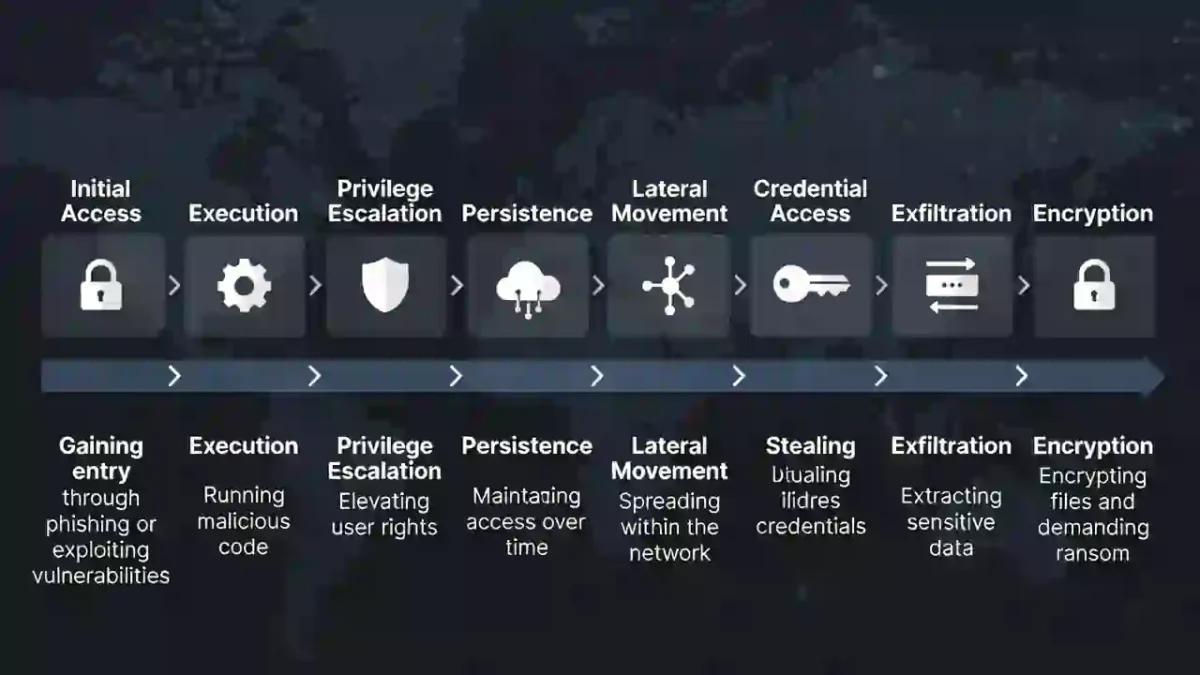 Ransomware Attack Timeline showing stages from initial access to encryption