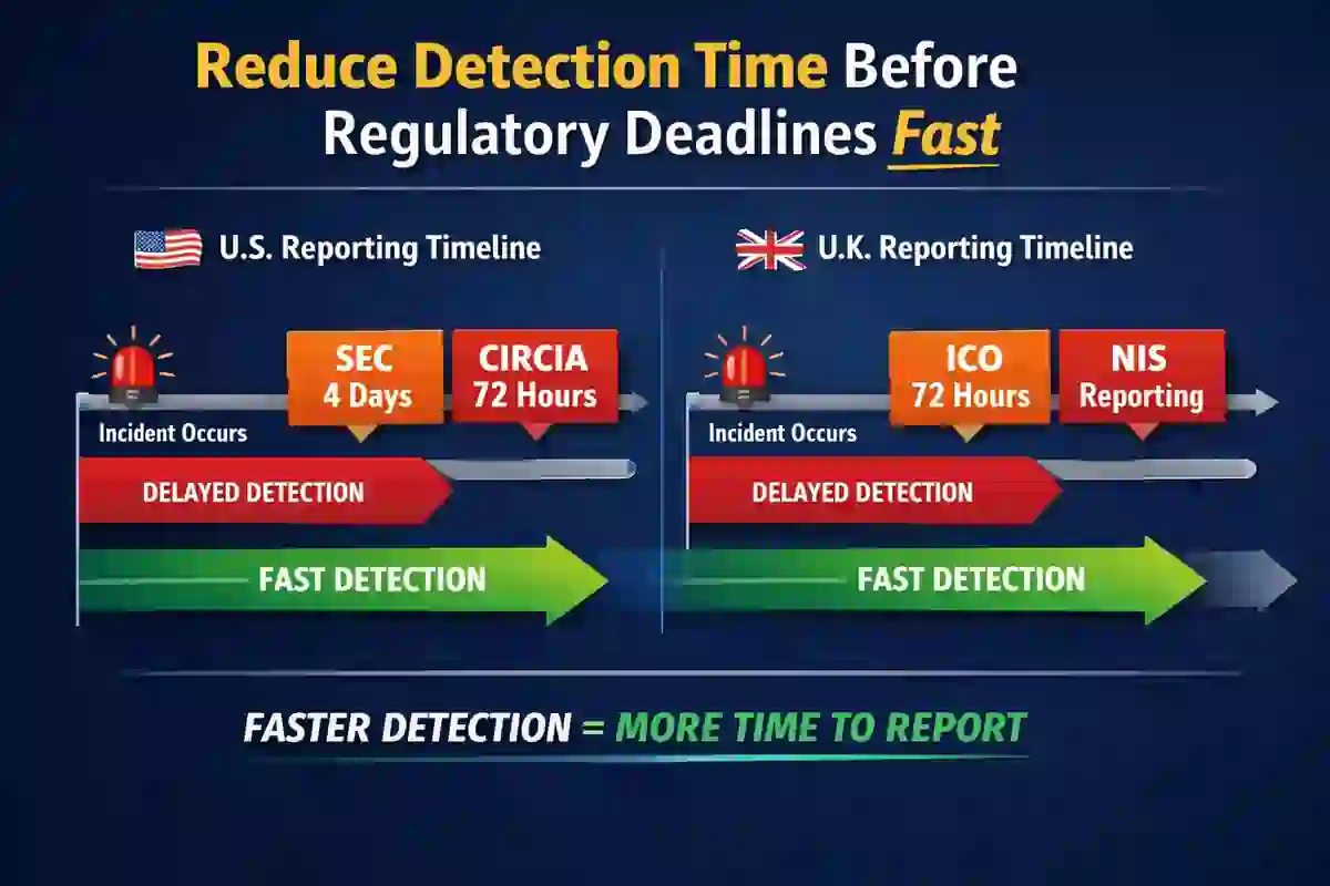 Reduce Detection Time Regulatory Deadlines timeline showing detection speed and reporting windows