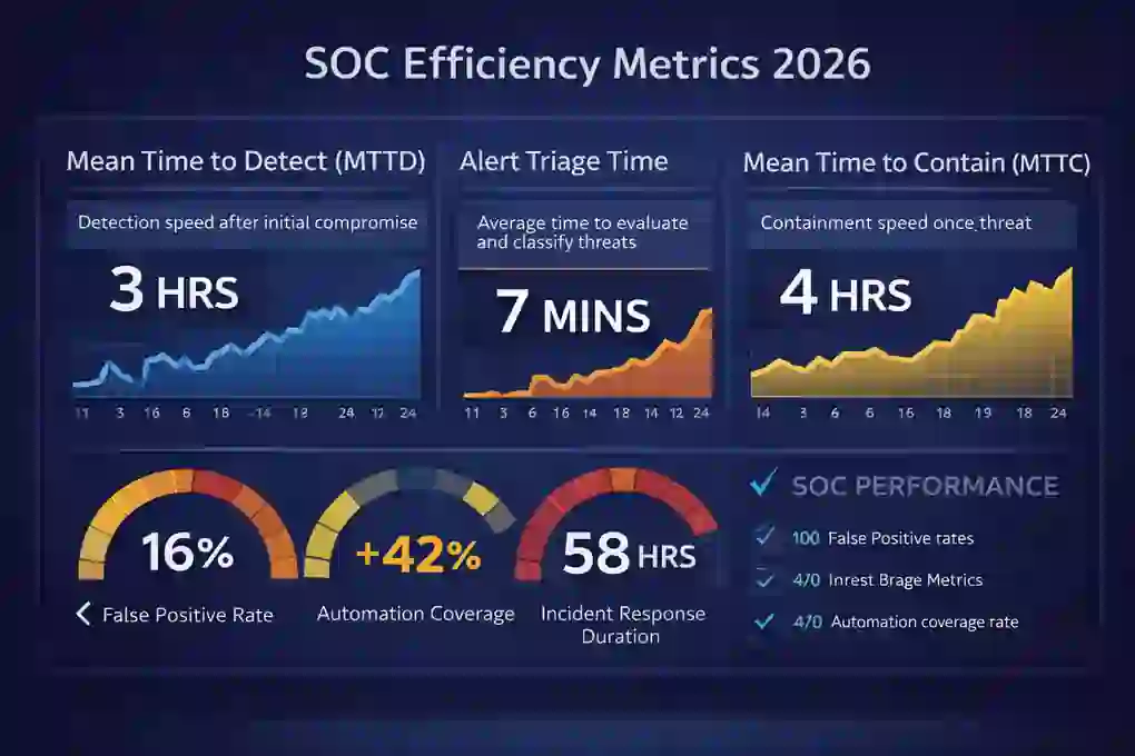 SOC Efficiency Metrics 2026 dashboard showing detection time, triage speed, and containment benchmarks