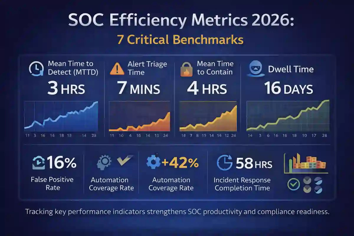 SOC Efficiency Metrics 2026 dashboard infographic showing detection time, alert triage speed, containment benchmarks, and automation performance indicators