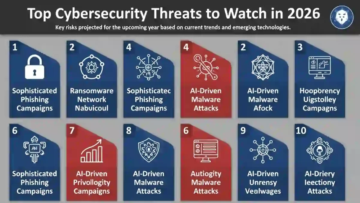 Top Cybersecurity Threats to Watch in 2026 infographic showing 10 critical risks