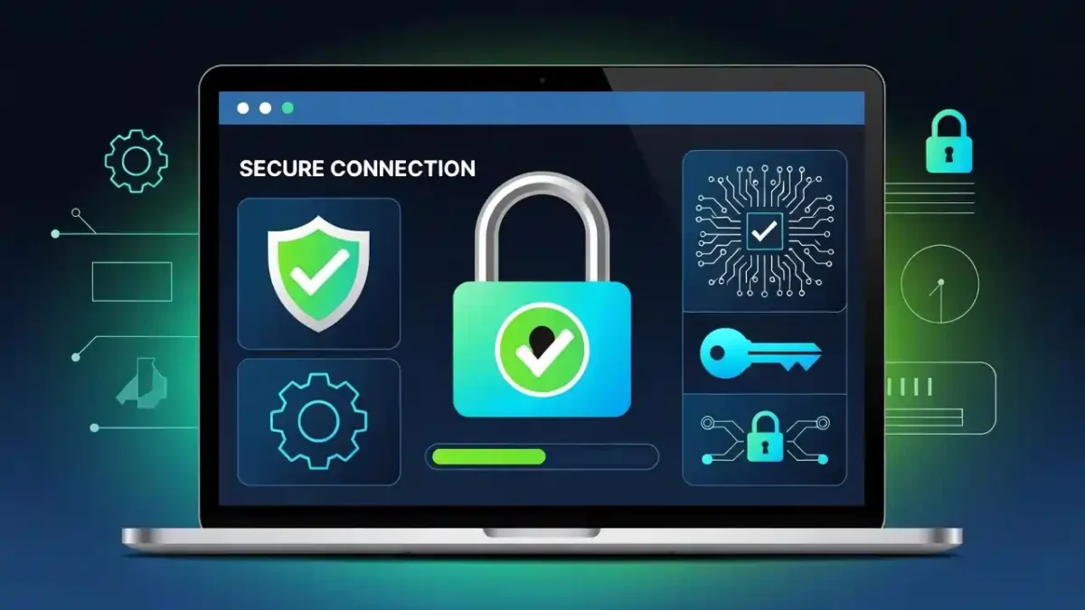 Illustration of what is cybersecurity protection concept showing a shield with a lock icon protecting digital data and network connections from cyber threats
