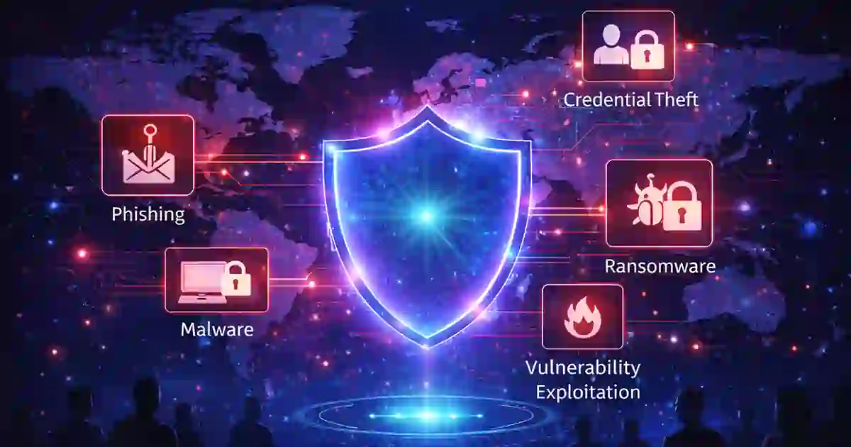 Global cybersecurity threat landscape with digital shield, phishing, malware, and ransomware indicators
