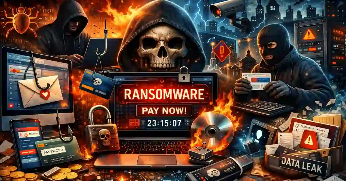 Illustration of phishing, ransomware, credential theft, and other common cyber threats