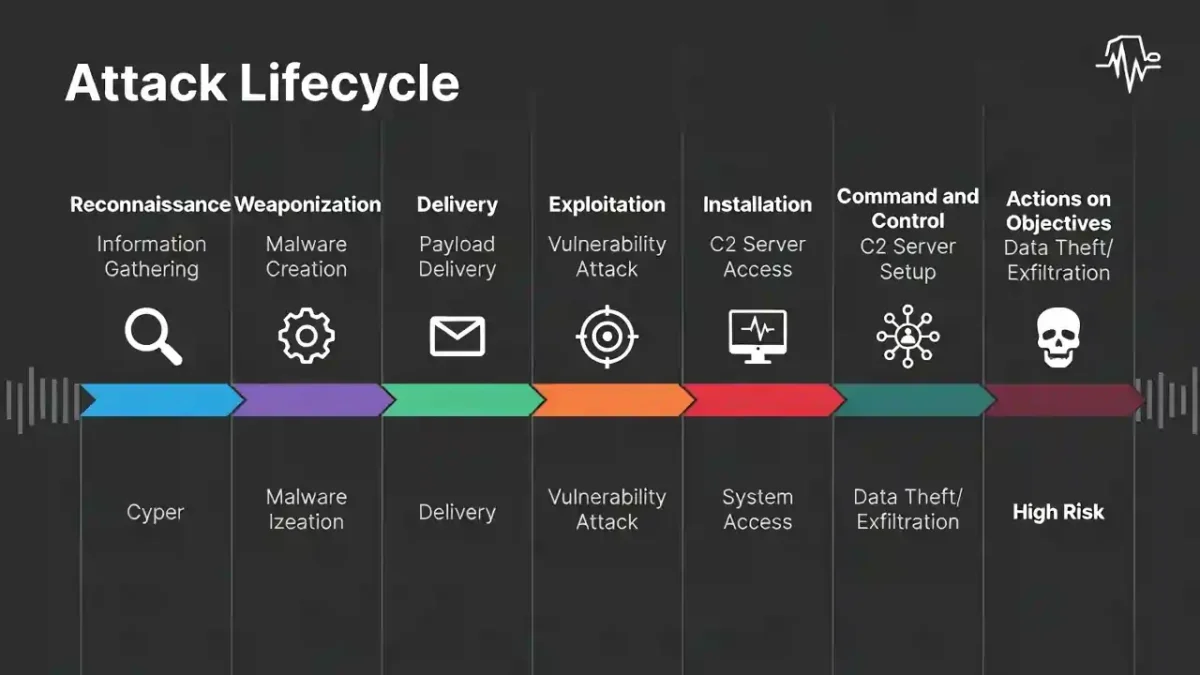 Cyber Attack Lifecycle Timeline showing 8 powerful stages