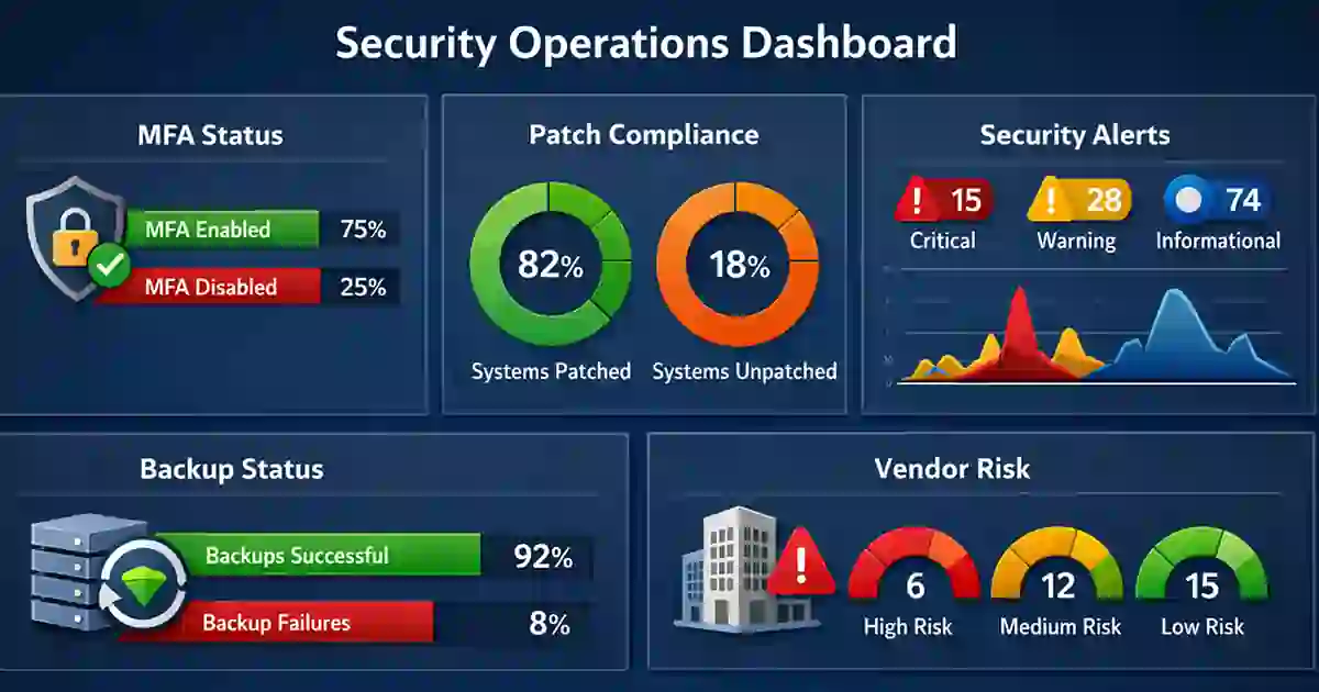 Security operations dashboard with MFA, patch status, alerts, backups, and vendor risk indicators