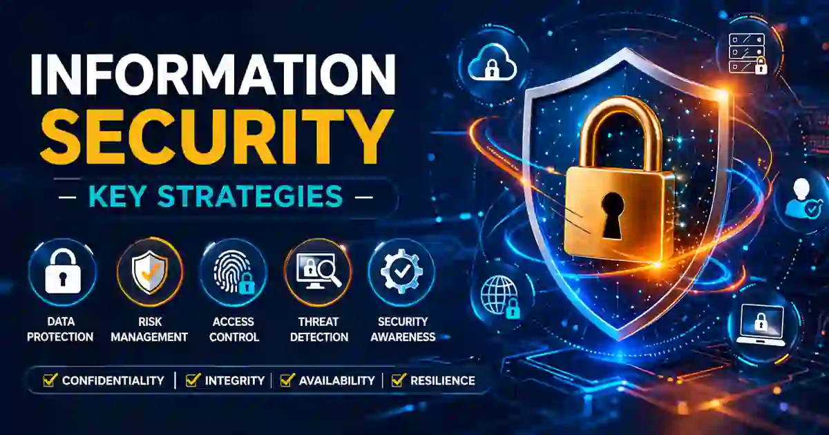 Information security strategies including classification, access control, encryption, backups, and vendor review