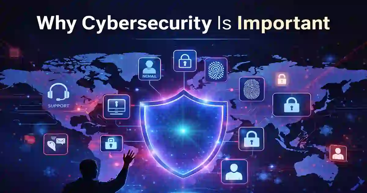 Cybersecurity protection illustration showing digital shield, secure accounts, and online safety