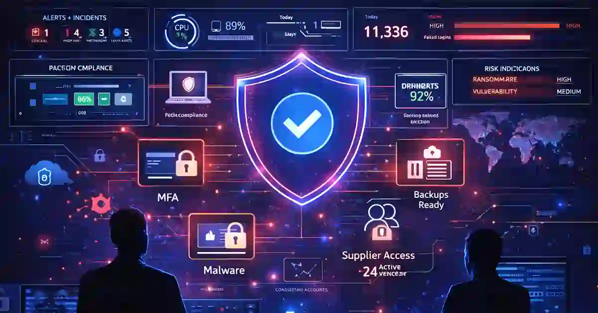 Security operations dashboard showing alerts, access control, patching, backups, and resilience metrics
