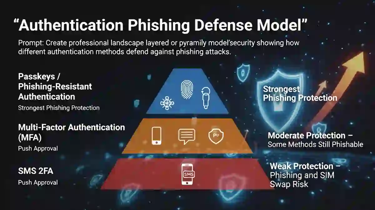 Passkeys vs MFA vs SMS 2FA phishing defense model