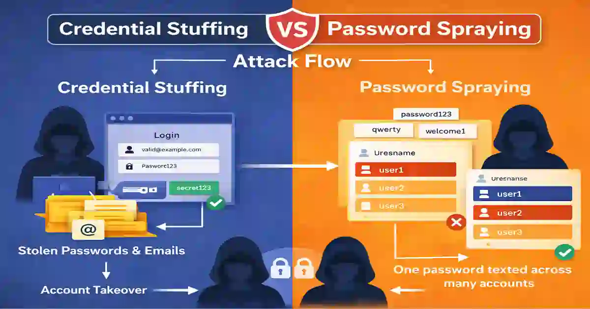 Credential Stuffing vs Password Spraying attack flow