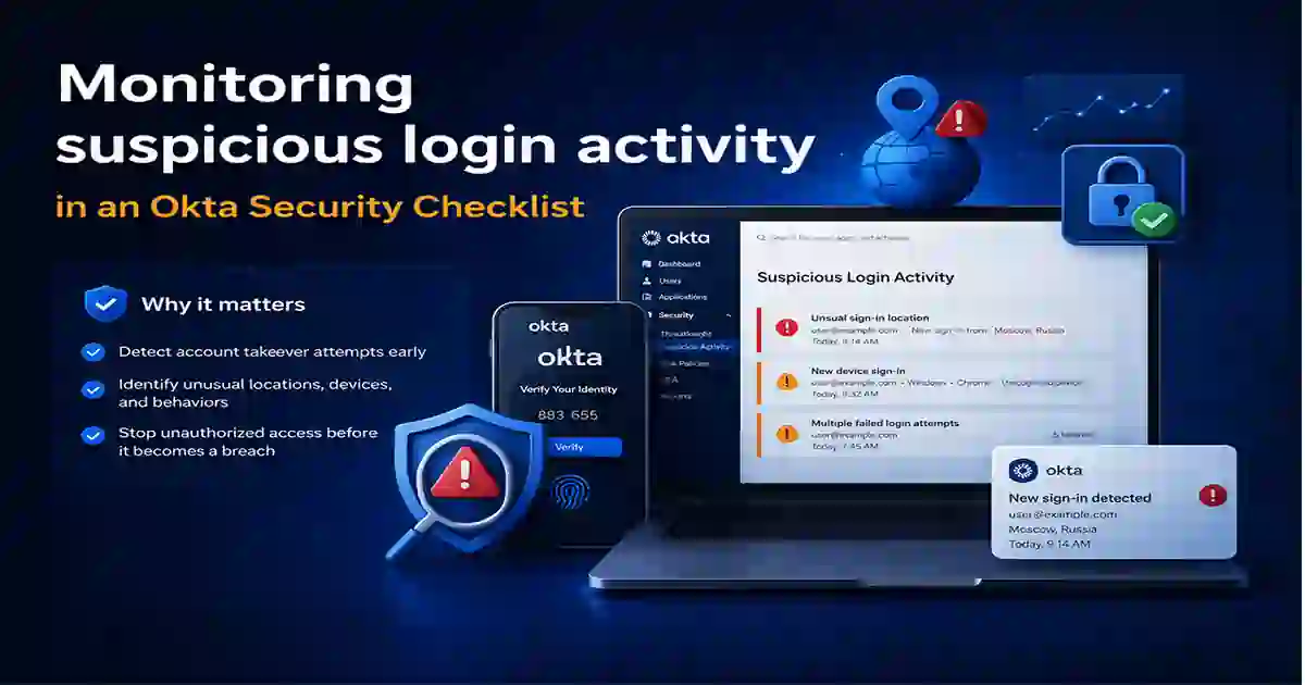 Monitoring suspicious login activity in an Okta Security Checklist to detect identity takeover risks