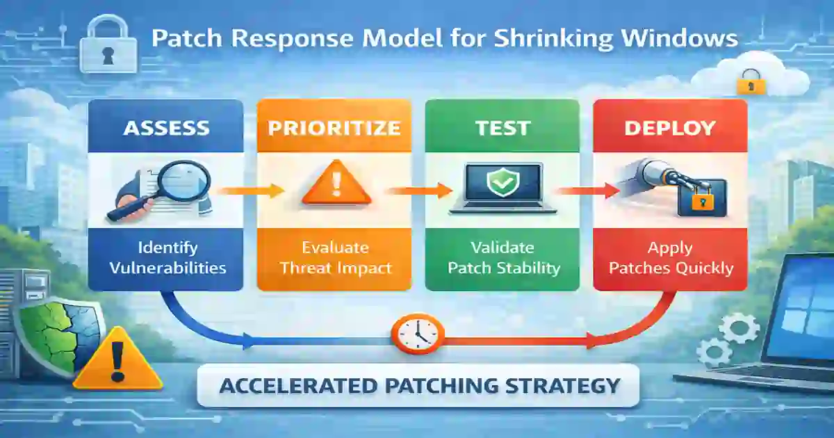 AI vulnerability exploitation patch response model showing how security teams prioritize patches based on exposure, exploit status, and asset criticality