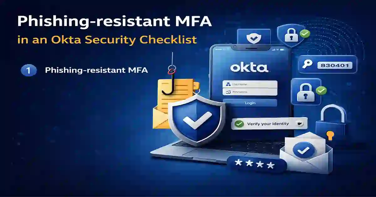 Phishing-resistant MFA in an Okta Security Checklist showing secure login and anti-phishing protection