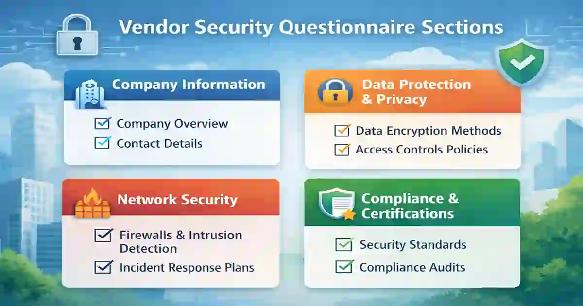 Vendor security questionnaire template sections including governance, access control, data protection, vulnerability management, incident response, and compliance