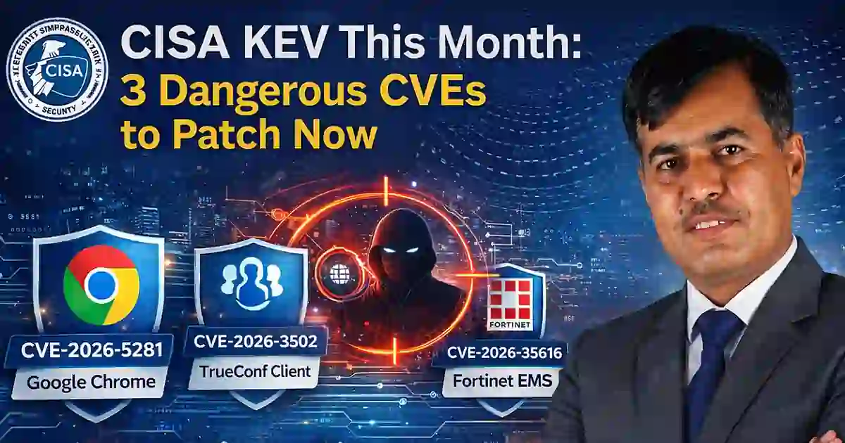 CISA KEV This Month feature image showing 3 dangerous actively exploited CVEs to patch now in Google Chrome, TrueConf Client, and Fortinet EMS