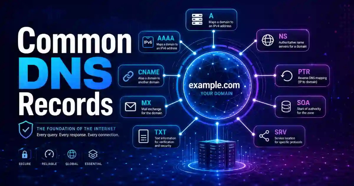 Common DNS records including A CNAME MX TXT NS CAA SPF DKIM and DMARC
