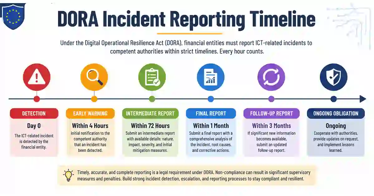 DORA incident reporting timeline with 4 hour 24 hour 72 hour and one month deadlines
