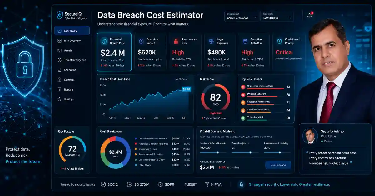 Data Breach Cost Estimator dashboard showing breach cost range and containment priorities