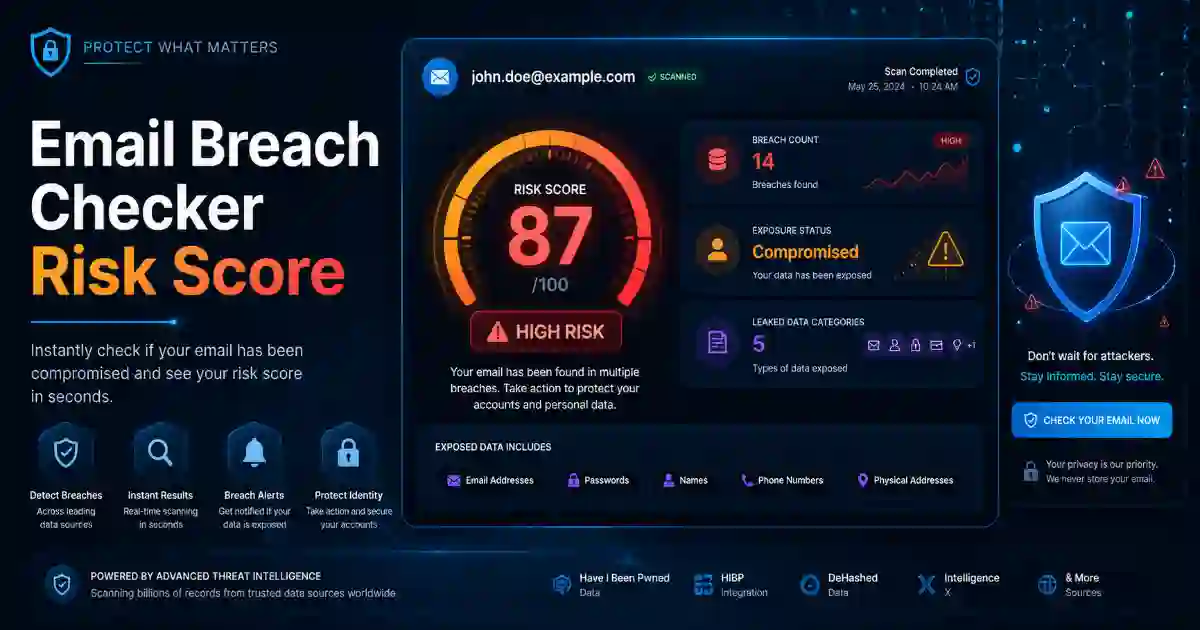 Email Breach Checker risk score showing exposed data and recovery steps