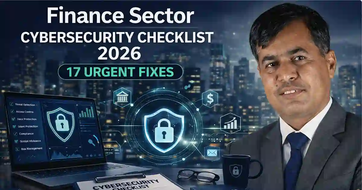 Finance Sector Cybersecurity Checklist 2026 overview with professional portrait and cyber risk dashboard