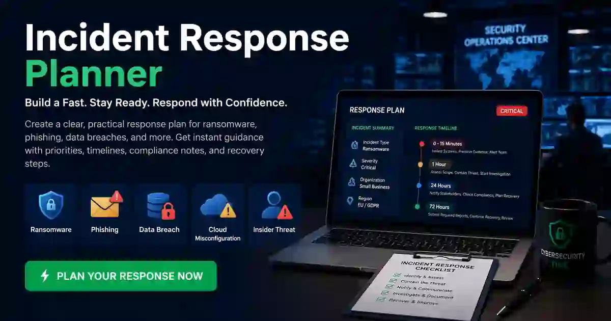 Modern banner for an incident response planning tool with cybersecurity threat icons, shield graphic, and professional business portrait