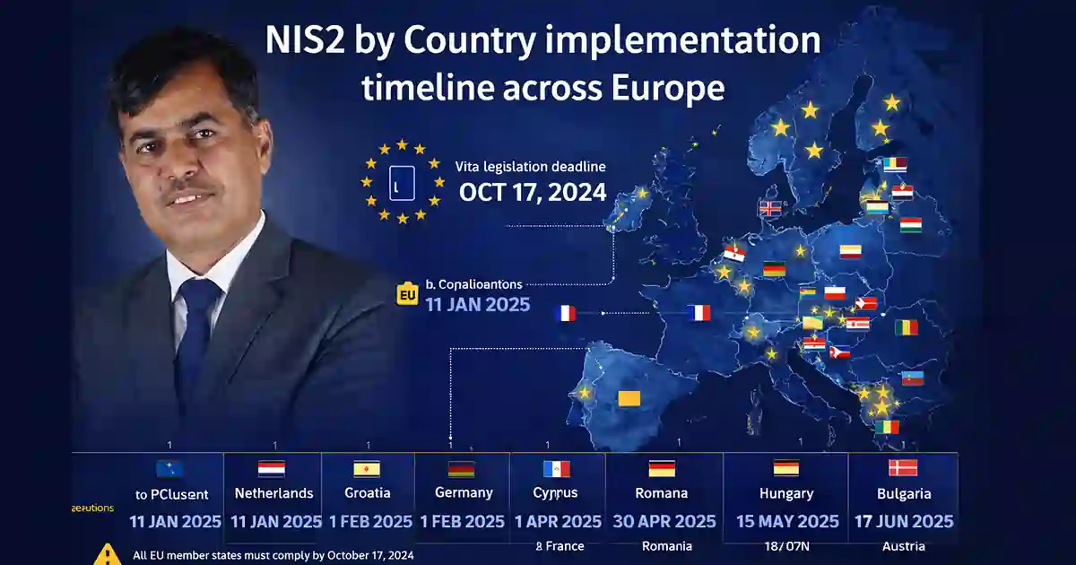 NIS2 implementation timeline across Europe infographic showing key country deadlines and compliance milestones