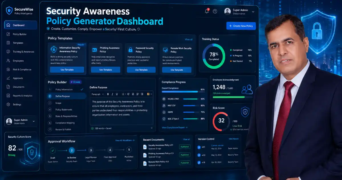 Security Awareness Policy Generator dashboard for editable cybersecurity policies
