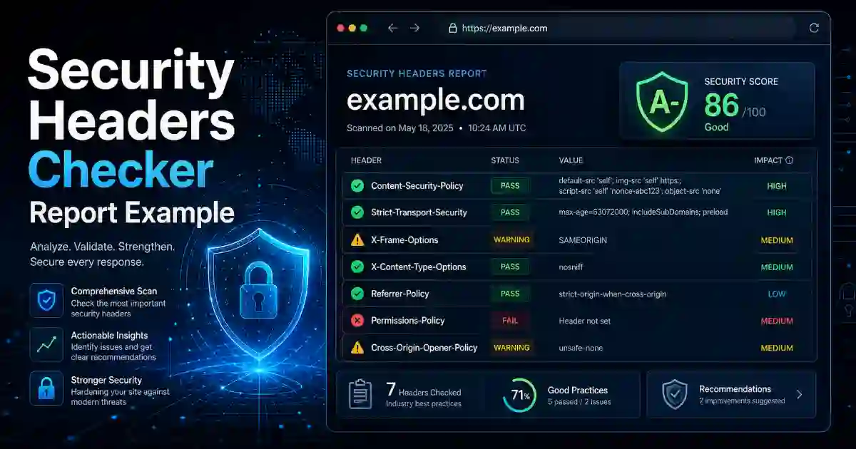 Security Headers Checker report showing passed and missing headers