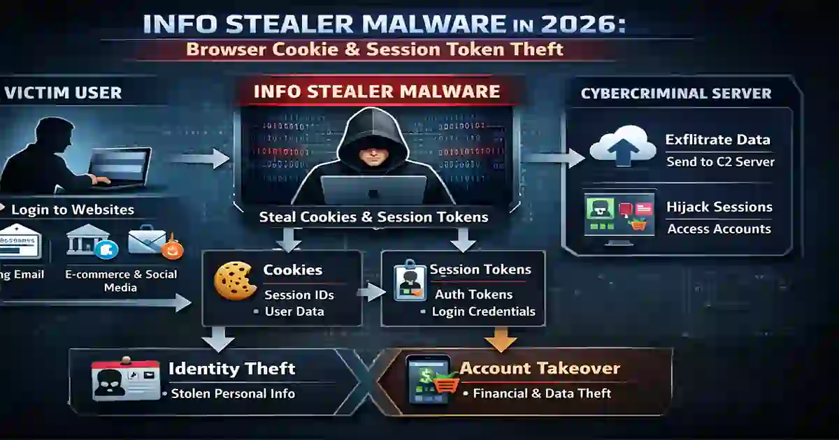 Info stealer malware in 2026 browser cookie and session token theft diagram