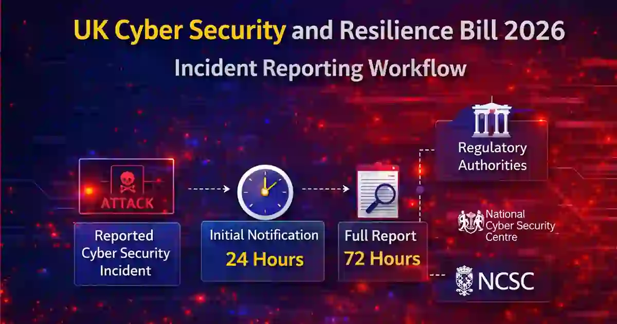 UK Cyber Security and Resilience Bill 2026 incident reporting workflow with 24-hour and 72-hour deadlines