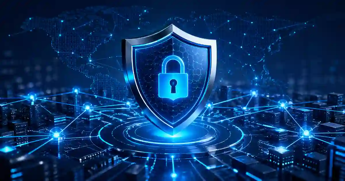 Shield and secure network graphic representing trust, protection, and reliable cybersecurity coverage