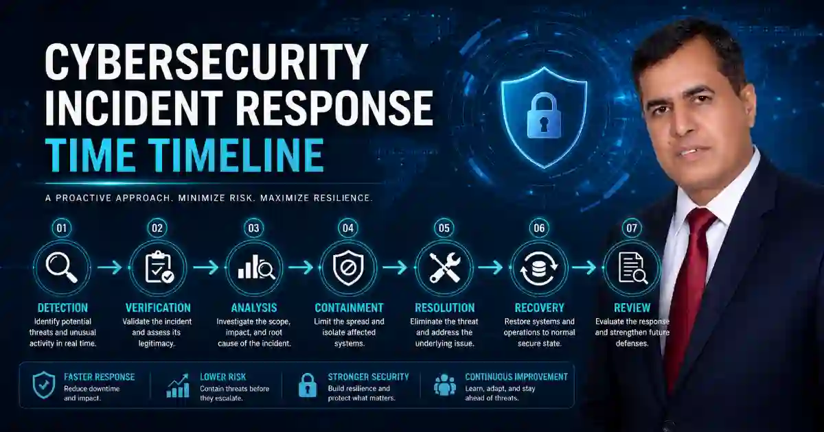 Cybersecurity incident response time timeline showing detection containment recovery and improvement
