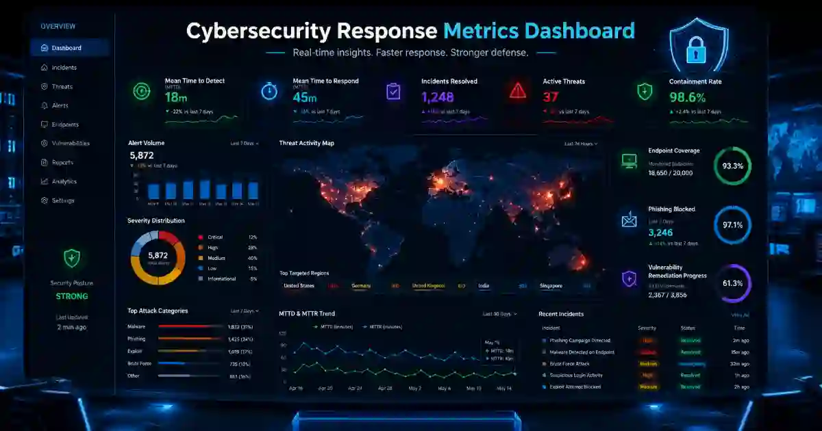Cybersecurity response metrics dashboard showing MTTD MTTR MTTC dwell time and recovery time