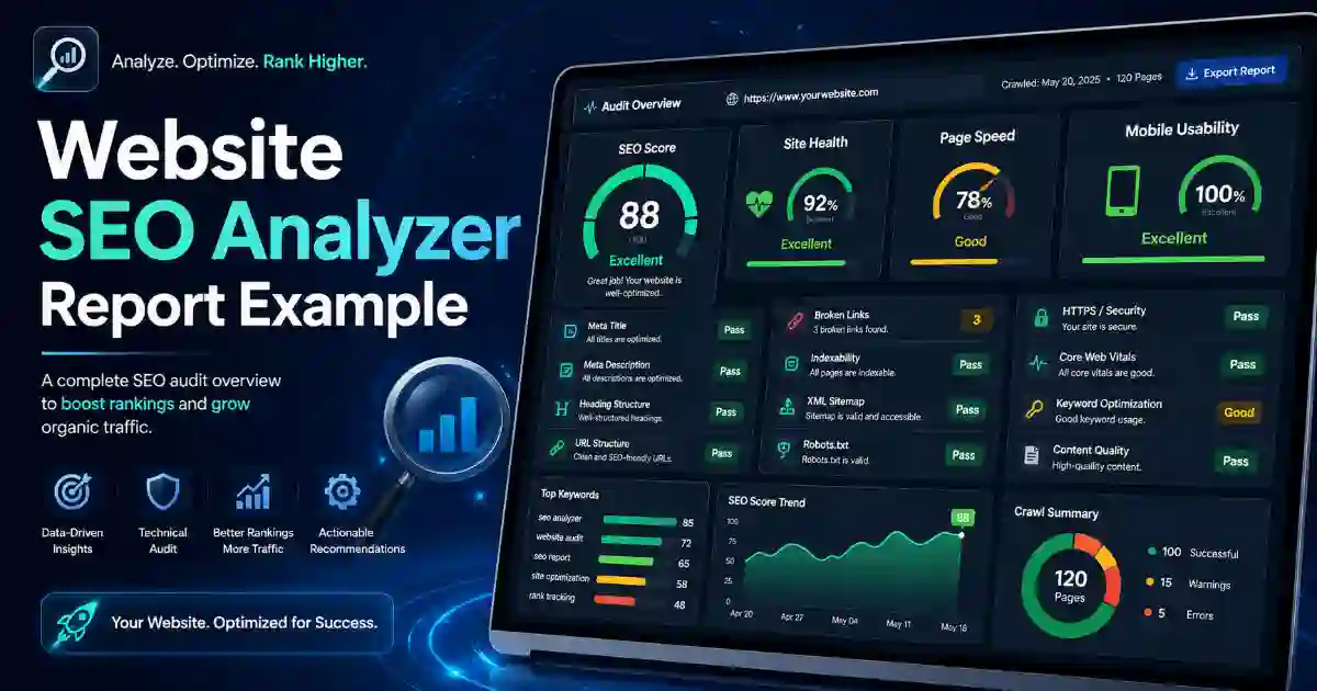 Website SEO Analyzer report showing SEO score issues and recommendations